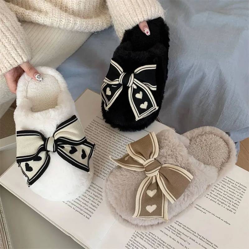 Cute Bow Cotton Slippers Women's Super Thick Classic Style Cotton Slippers Women's Slippers Autumn a
