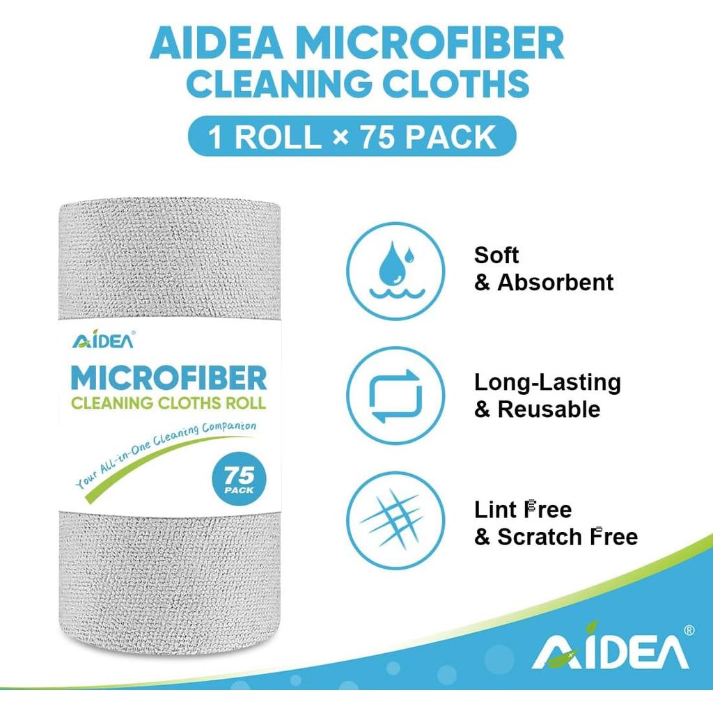 AIDEA Microfiber Cleaning Cloth Roll, Grey 75PK, Reusable Paper Towels Tear Away Cloth, Microfiber T