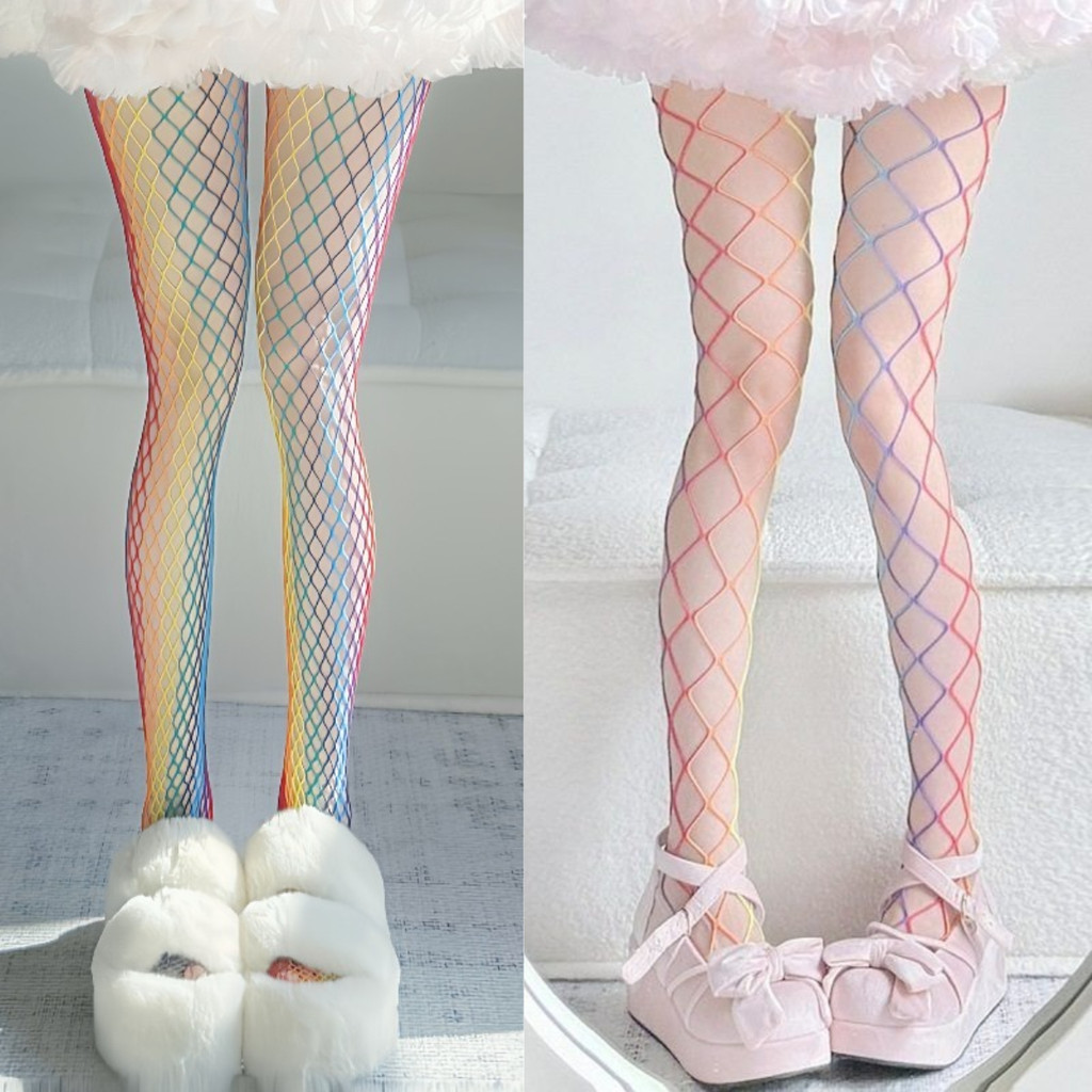 สตรีฤดูร้อนบาง Y2K วัฒนธรรมย่อยสาวเผ็ด Pantyhose Sweet Cool Dopamine Rainbow สีตาข่าย Tights JK Goth Fishnet ถุงน่อง