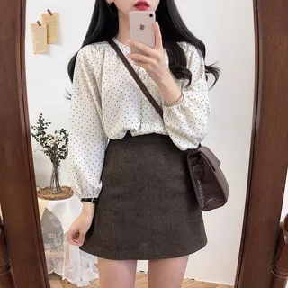 เสื้อเชิ้ตแขนยาวผ้าชีฟองฝรั่งเศสลายจุดย้อนยุคสำหรับผู้หญิง