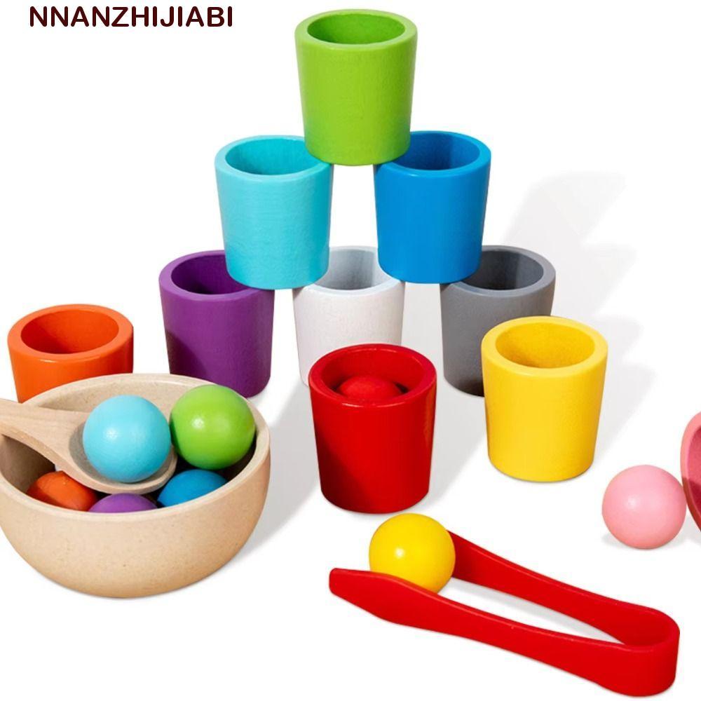 NANZHIJIABI สี Sorter เกมของเล่น, 10 สีลูกบอลไม้ในถ้วย Montessori, ของขวัญวันเกิดการเรียนรู้การฝึกอบรม Early Education Sorting จับคู่ของเล่นเด็กของเล่น