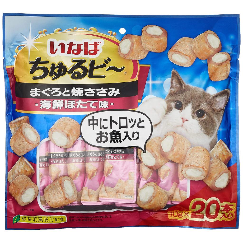 Inaba Cat Treats Churu Tuna and Grilled Chicken Fillet, Seafood Scallop Flavor, 10 grams (x 20)