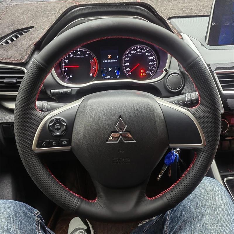 สําหรับ Mitsubishi Outlander ASX L200 Mirage 2013-2016 มือเย็บลื่นสีดําหนังแท้พวงมาลัยรถ