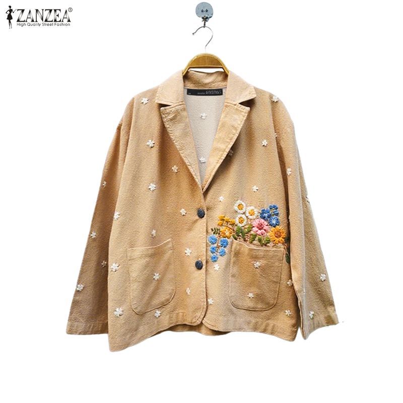 ZANZEA เบลเซอร์วินเทจสไตล์เกาหลีสำหรับผู้หญิง แขนยาว พิมพ์ลายดอกไม้ ปุ่มขึ้น