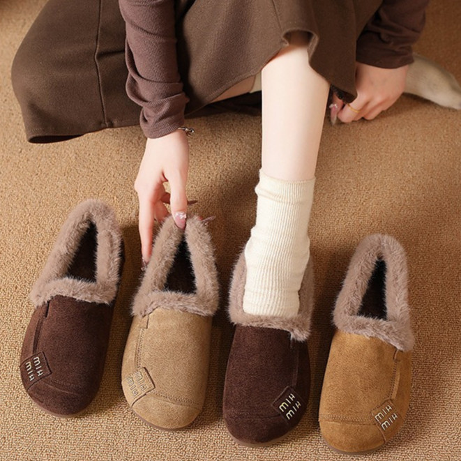 Fleece-Lined Flat Bottom Ugly Cute Peas Shoes Outer Wear Mary Jane Shoes Boken Cotton Shoes iPTb