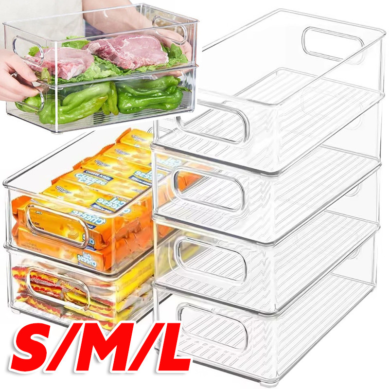 ถังจัดระเบียบตู้เย็นวางซ้อนกันได้ S/M/L - กล่องเก็บอาหารในครัวแบบใสพร้อมที่จับ