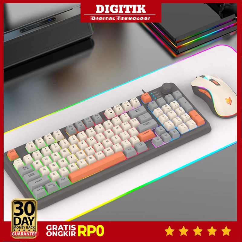 DIGITIK - คีย์บอร์ดเกม XUNFOX RGB LED USB แบบมีสาย 94 คีย์ปุ่มด้านบนพร้อมเมาส์ - K820