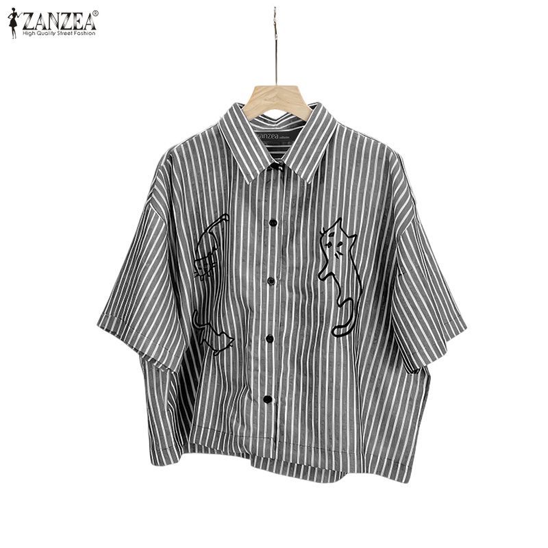 ZANZEA ซานเซีย แฟชั่นเกาหลีสำหรับผู้หญิง แขนสั้น ลายเส้นแมว เย็บปักถักร้อย ใส่สบายและคล่องตัว