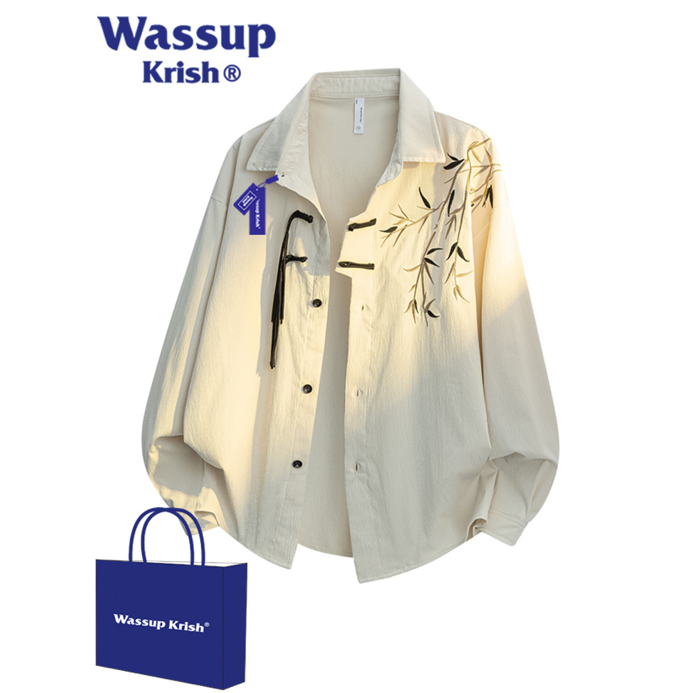 WASSUP KRISH ใหม่จีนไม้ไผ่ปักเสื้อผู้ชายฤดูใบไม้ผลิฤดูใบไม้ร่วง 2026 เสื้อเชิ้ตแขนยาวสไตล์จีนใหม่