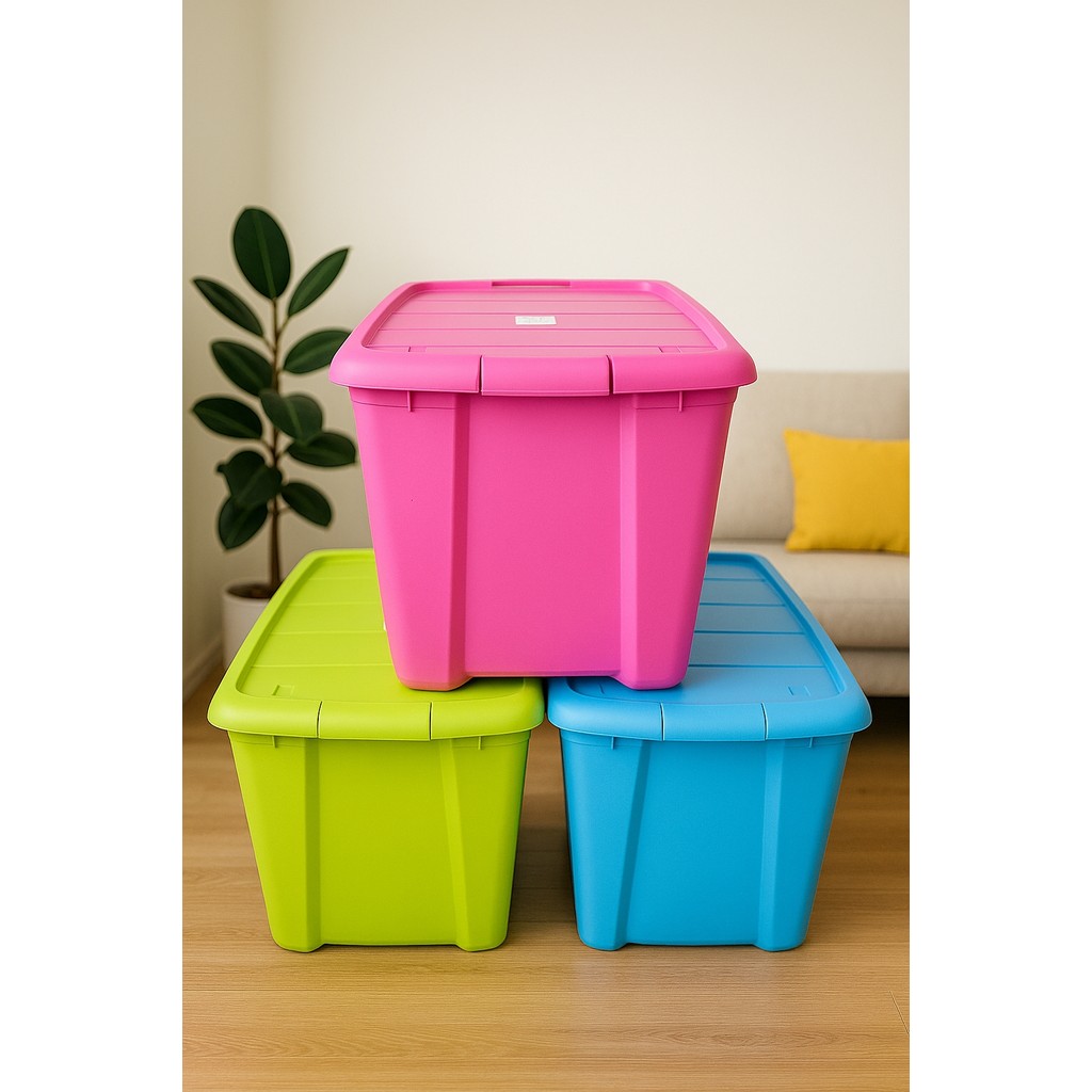 กล่องพลาสติก กล่องเก็บของ มีล้อ ขนาด 40x54x30ซม. 50ลิตร มีล้อ ฝาล็อกแน่น เขียว ฟ้า ชมพู พลาสติกหนา แ