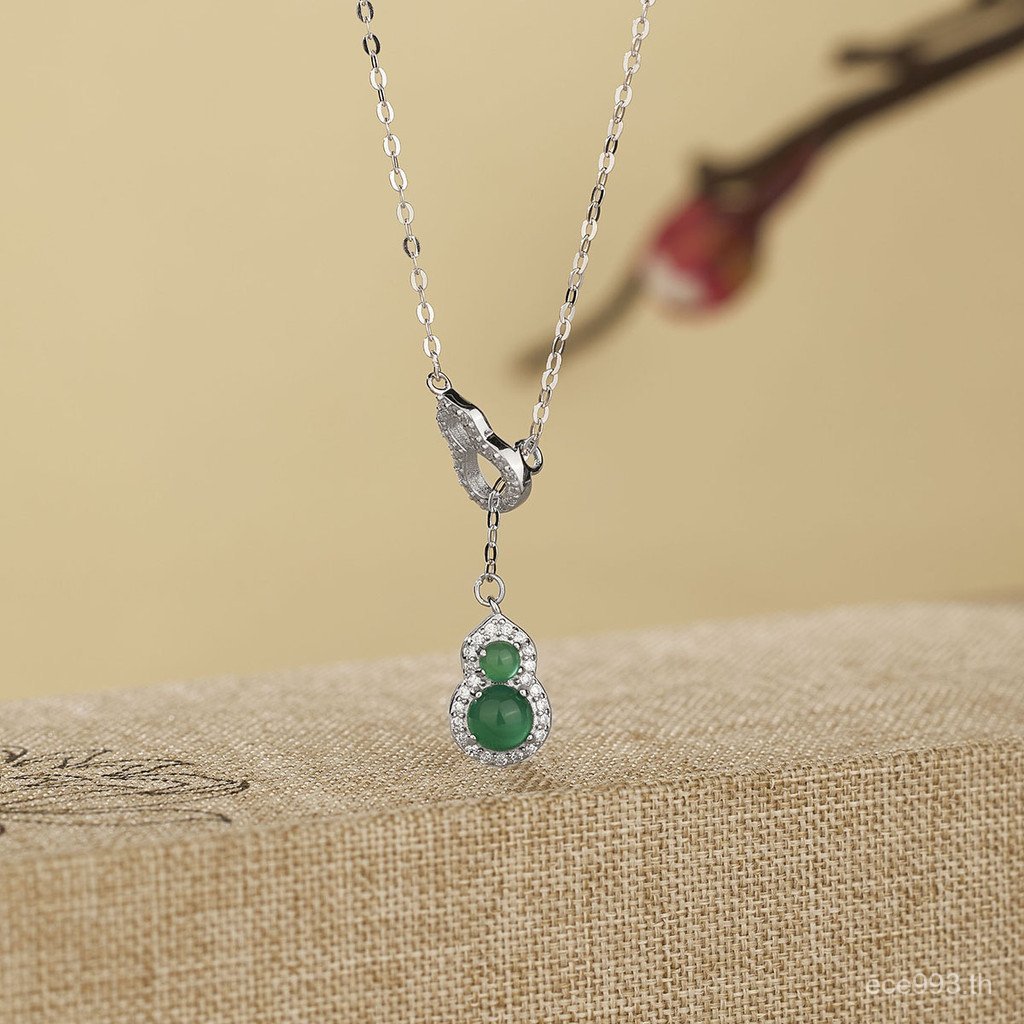 สร้อยคอมุกคู่ลายฟูลูแบบเชื่อมต่อ สไตล์จีน ทำจากเงินสเตอร์ลิง S925 และหินคาลดอนนิ่มๆ HKG7