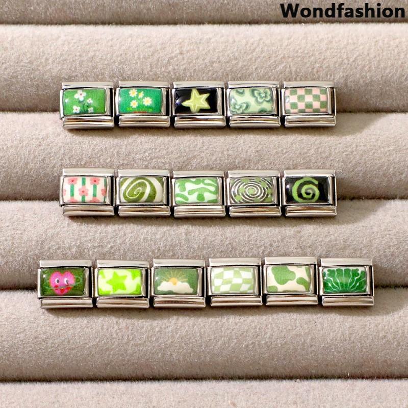 สร้อยข้อมือสแตนเลสขนาด 9 มม. พิมพ์ลายดอกไม้สีเขียวกว้างสไตล์อิตาเลียน สำหรับทำเองและสวมใส่