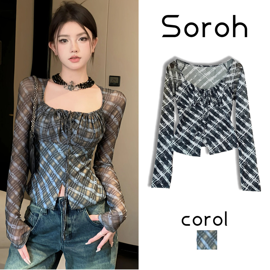 ⭐Soroh⭐เสื้อยืด ลายสก็อตสีเขียวยืดตามตัว เข้ารูป ผ้าซีทรูบางเบา เสื้อแขนยาว สไตล์เกาหลี แฟชั่น#FY5059#1