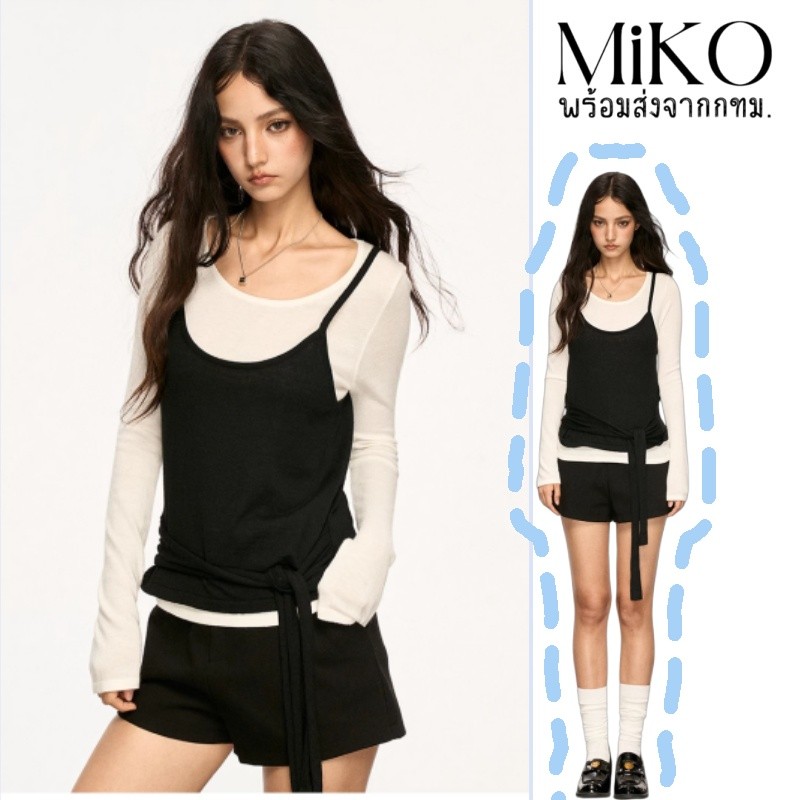 Miko 👙พร้อมส่ง🧸 เสื้อยืดผู้หญิงแขนยาว2ชิ้นติดกัน ดีไซน์โปว์ผูกเอวคอกลมสีดำ ทรงครอเสื้อ2ชิ้นติดกับ  ลำลอง แฟชั่นผู้หญิ