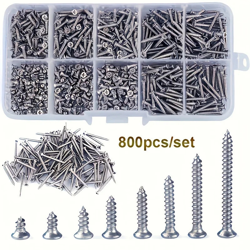 400pcs/800pcs Self Tapping Wood Screws Set M2 Phillips Flat Head Sheet Metal Screw Self Lock Nut Woo