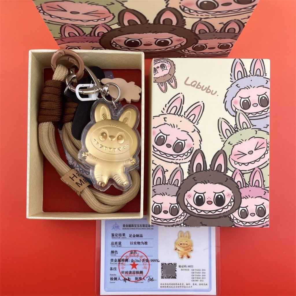 Shuibei Gold 999 Pure Gold การ์ตูนฟอยล์ทอง Labub 水贝黄金999金进卡通金香ลุบุ手机链绳布饰拉钩ซม30