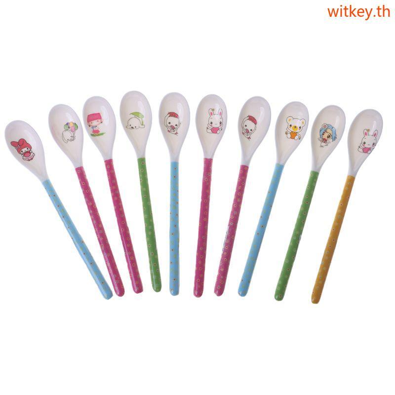 WIT Baby Feeding การ์ตูนพิมพ์ช้อนการฝึกอบรมด้ามยาวช้อนส้อมบนโต๊ะอาหารเด็กทารกความปลอดภัย Feeding School Suppli