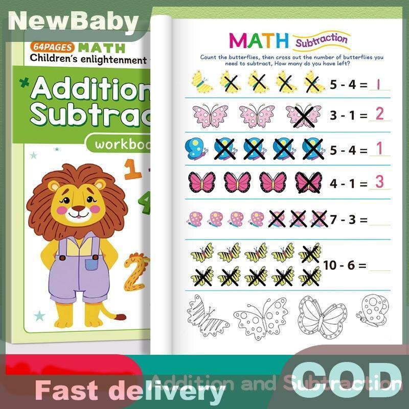NEWBABY 1 ชุดสนุก 64 หน้าหนังสือคําถามเลขคณิตบวกและลบการออกกําลังกายภายใน 10 ภาพคอลัมน์ตําแหน่งการคํ
