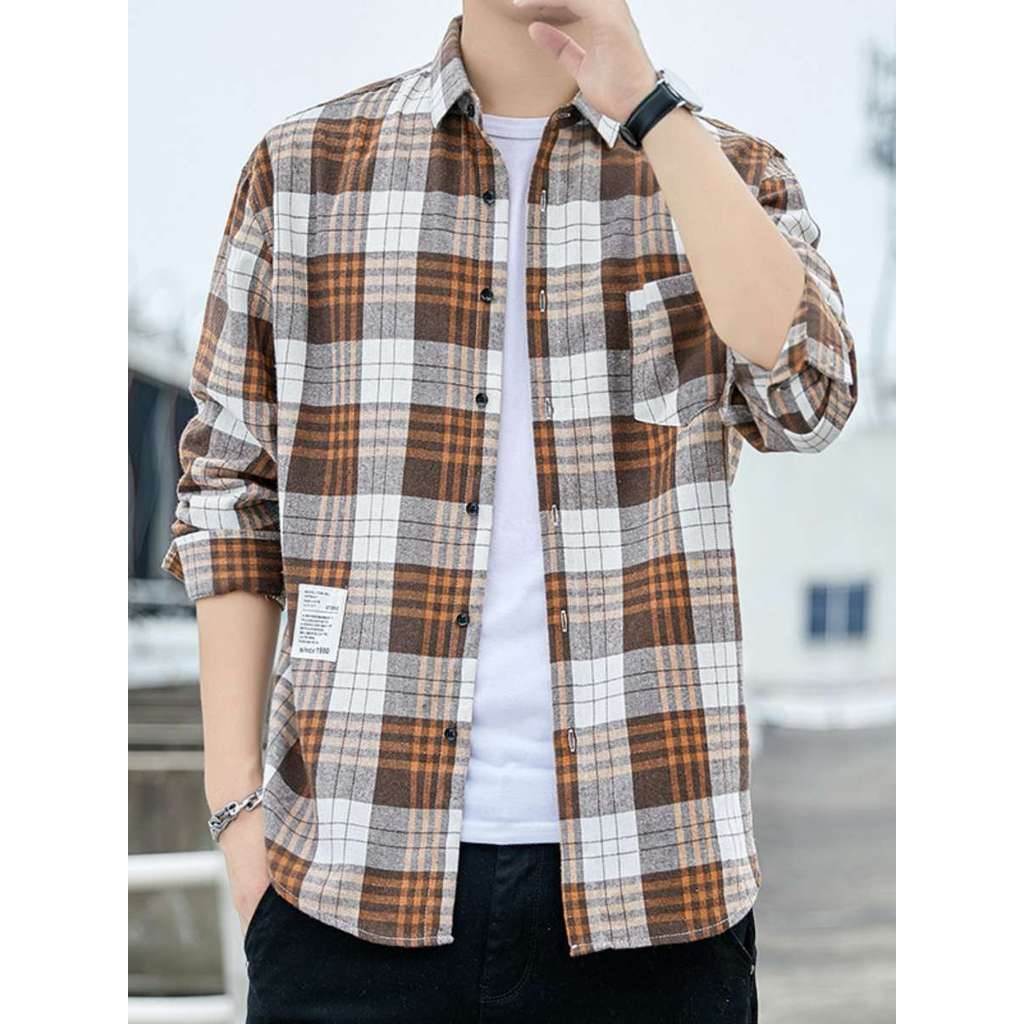 เสื้อโปโล gq เสื้อเชิ้ต เสื้อเชิ้ตลายสก๊อตผู้ชายสไตล์ฮ่องกงเสื้อเชิ้ตลำลองแขนยาวสำหรับผู้ชายเสื้อคาร