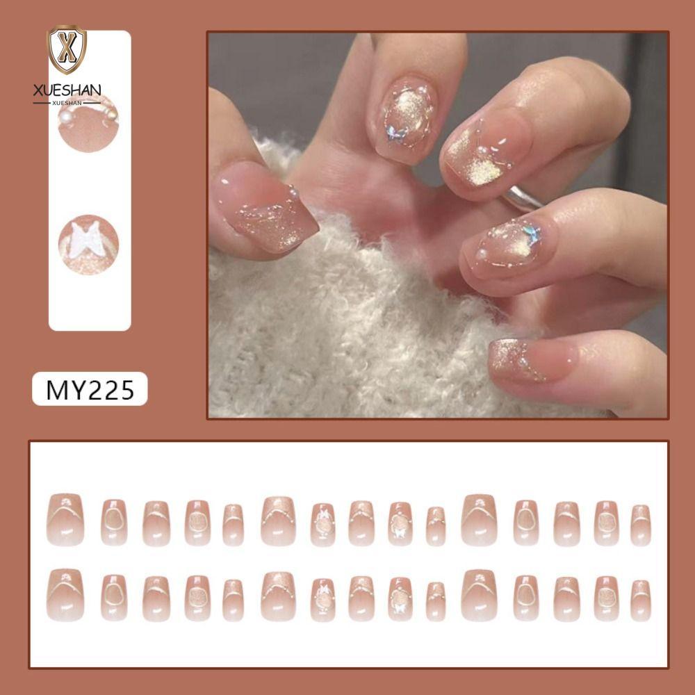 XUESHAN 30 ชิ้นเล็บปลอม,ทอง Aurora สั้นสแควร์กดบนเล็บ,เล็บภาษาฝรั่งเศสคํา Cat Eye ผีเสื้อปลอม Nials 