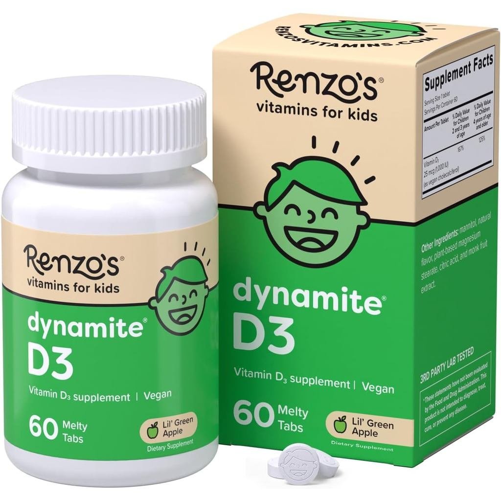 Renzos Dynamite วิตามิน D3, ละลายเด็กวิตามิน D3, 60 แท็บละลายปราศจากน้ําตาล, รส Lil Green Apple