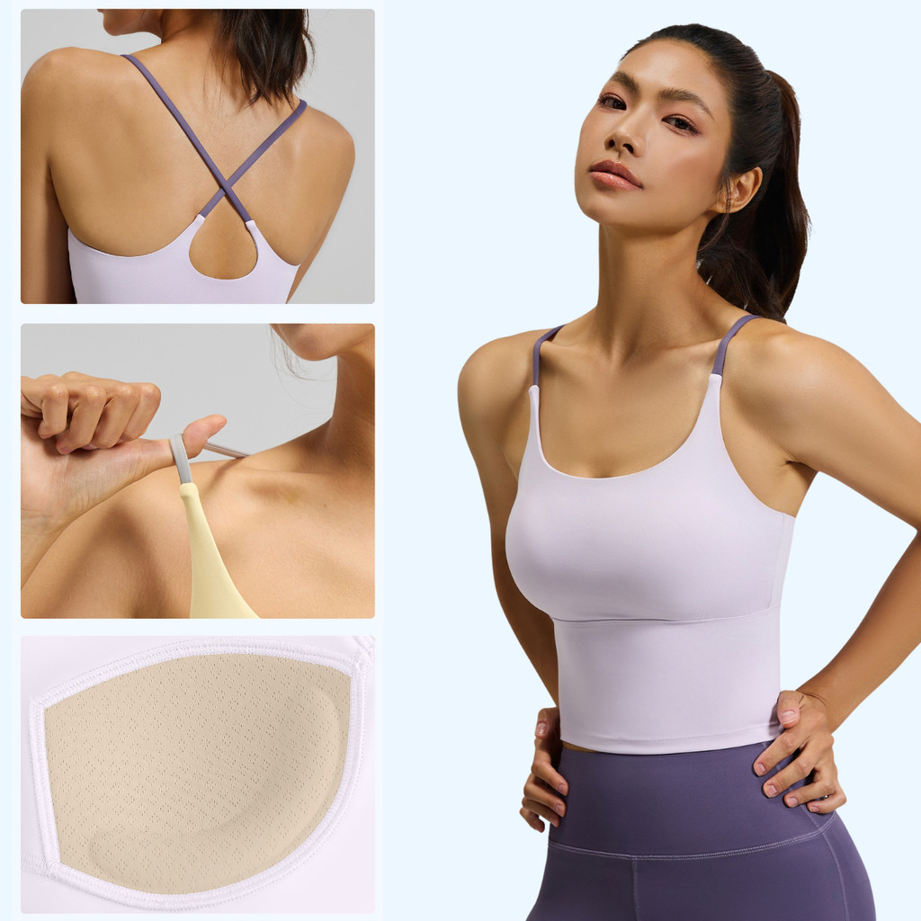 สปอร์ตบราผู้หญิง เสื้อสปอร์ตบราสายเดี่ยวออกกำลังกาย ดีไซส์สายไขว้หลัง ยืดหยุ่นได้สี มีฟองน้ำในตัว