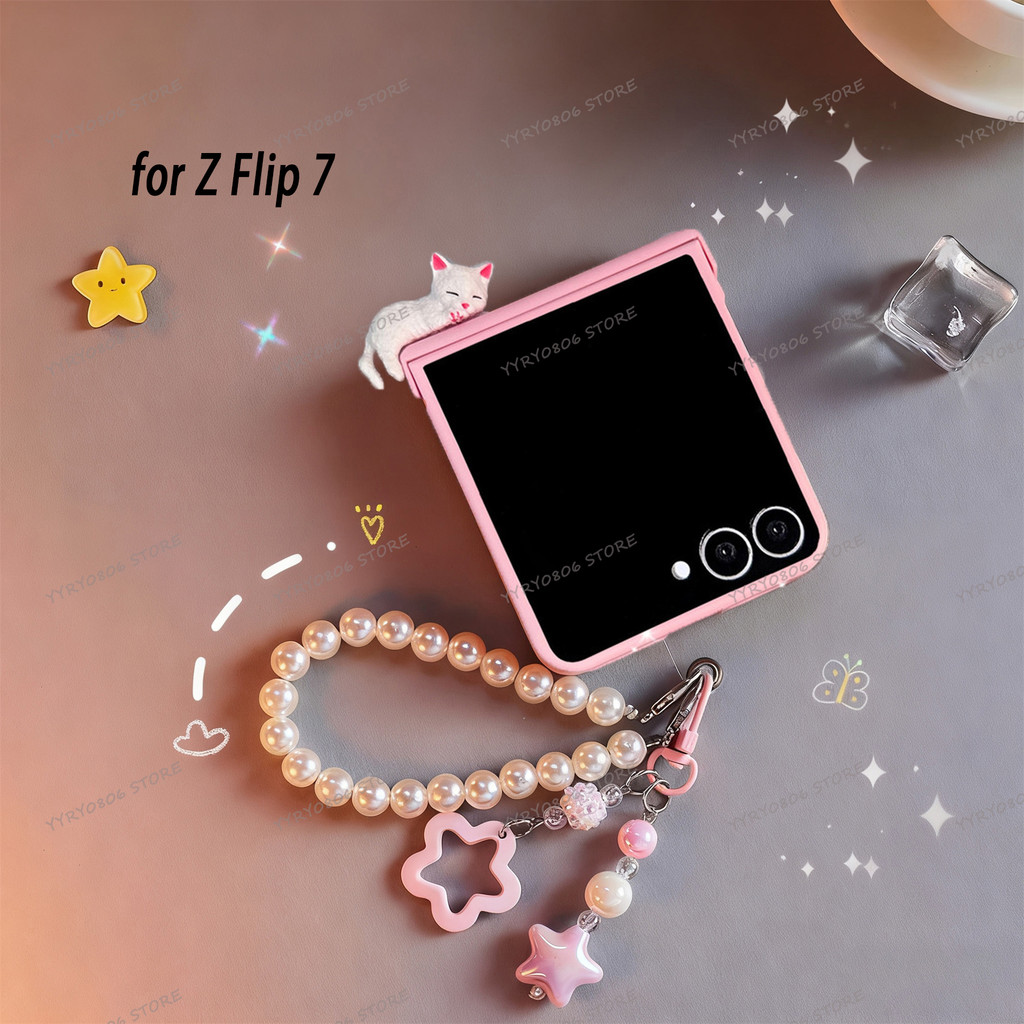 Creative 3D ลูกแมวเคสโทรศัพท์ Star จี้สร้อยข้อมือมุกสําหรับ Samsung Galaxy Z Flip 7 Z Flip 6 Z Flip 5 กันกระแทก