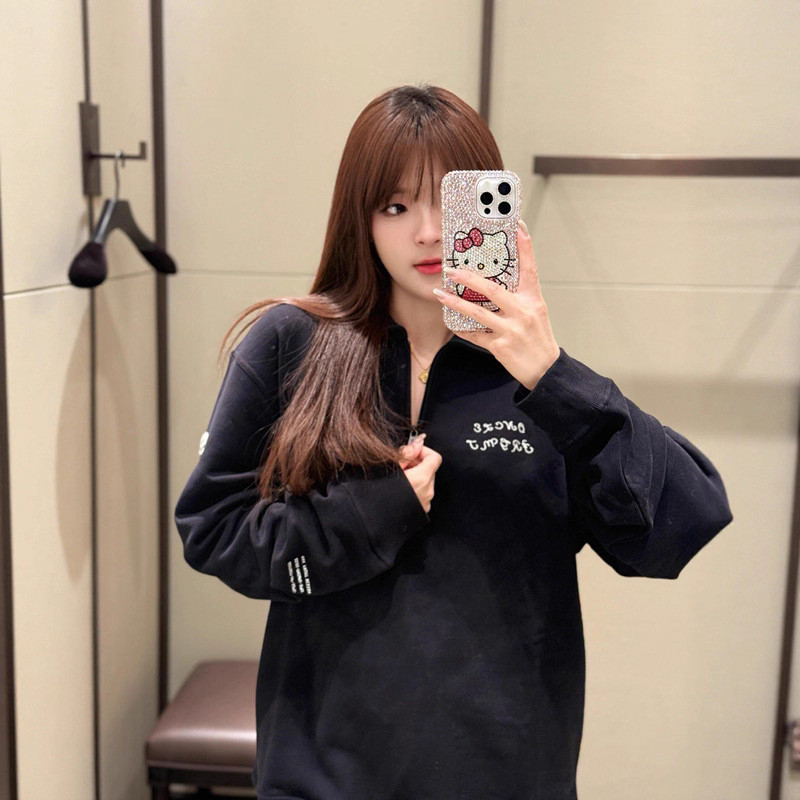 A7EW Moncle* Autumn Letter Embroidery Half-Zip Turn-Down Collar Sweatshirt Couple Casual Versatile S