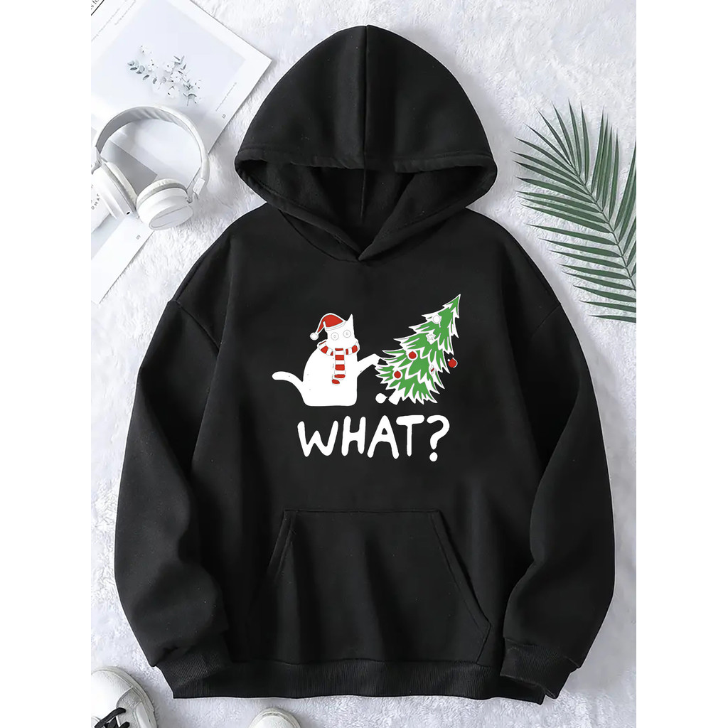 2025 Women's Festive Christmas Cat Print Hoodie Women Sweatshirt Casual Long Sleeve Fall & Winter Wa