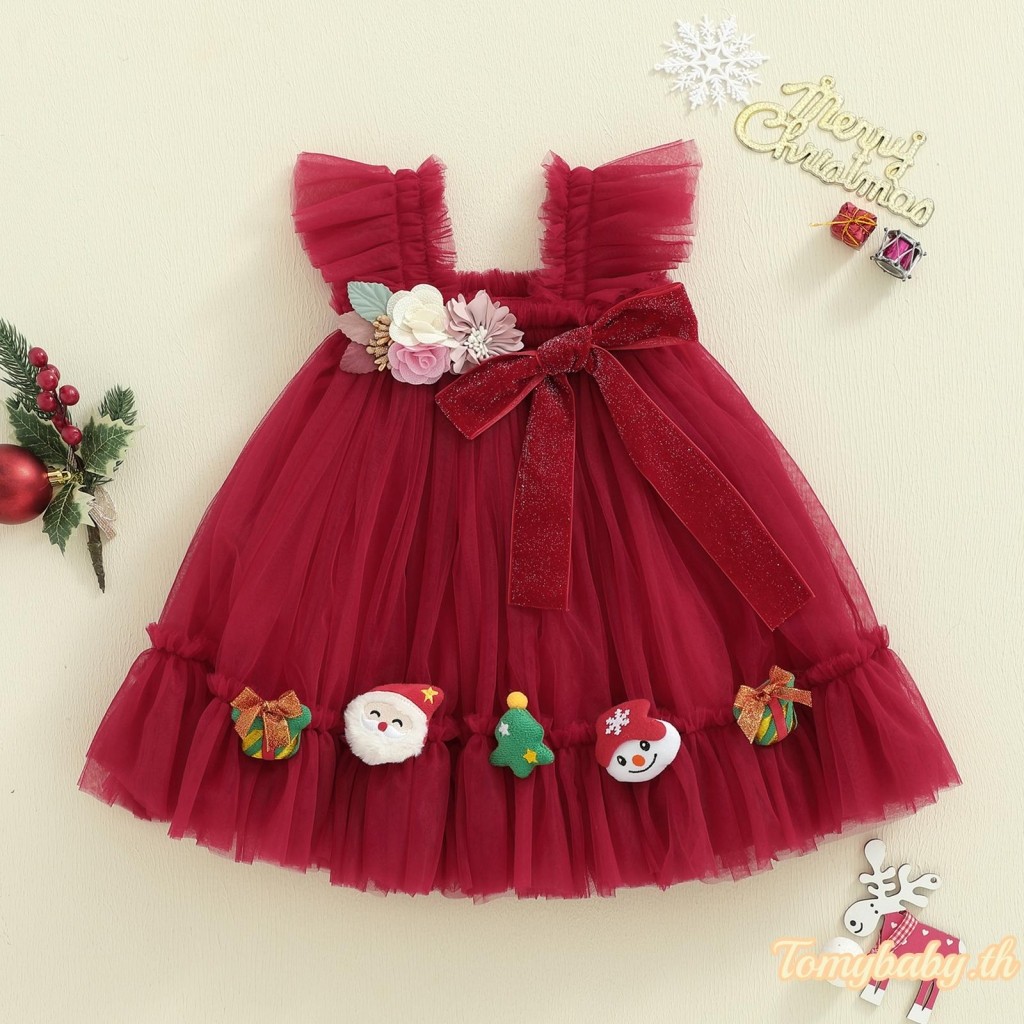 ชุดคริสต์มาสสำหรับเด็กหญิง แบบแขนกุด มีโบว์แซนต้า สไตล์เสื้อยกเล็กๆ และกระโปรงทรงเอ เหมาะสำหรับงานปาร์ตี้