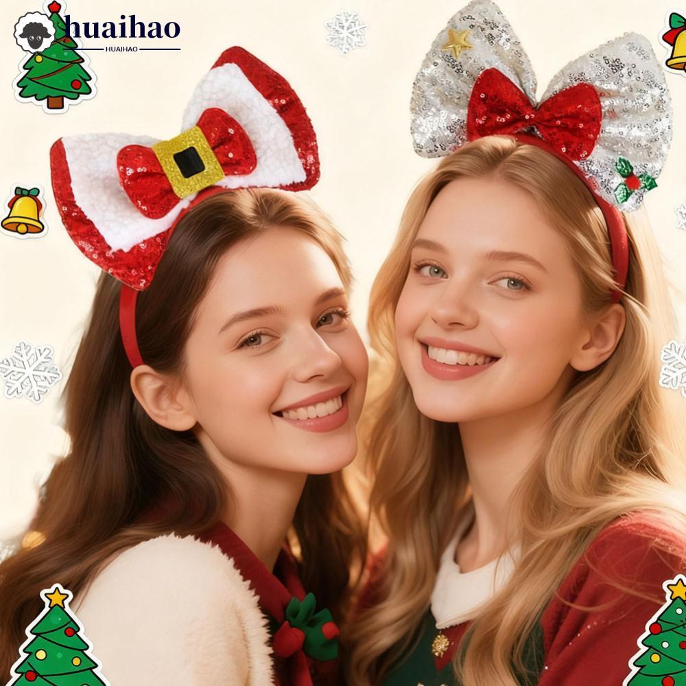 HUAIHAO หัวโบว์เลื่อมสำหรับผู้หญิง พร้อมวงกลมผม สำหรับเทศกาลคริสต์มาสและคอสเพลย์ S1T3