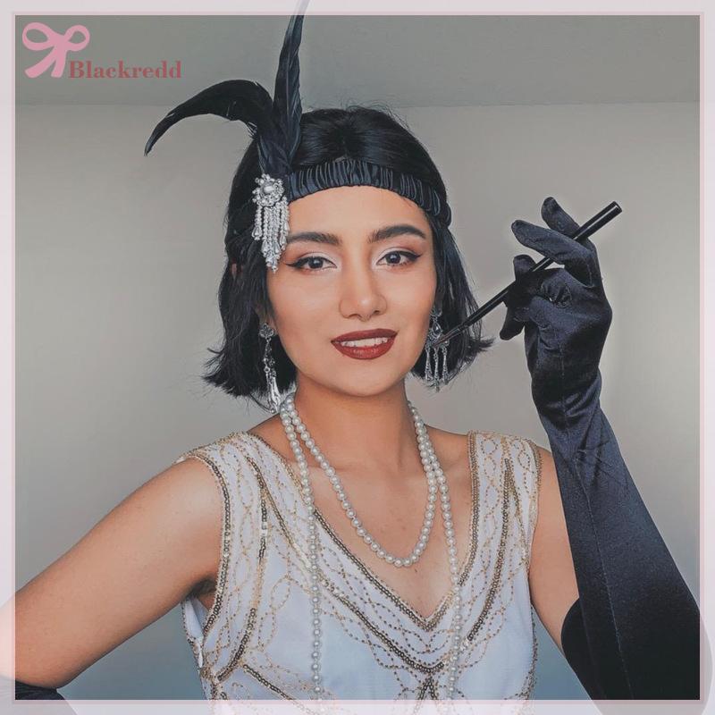 BRED เครื่องประดับผมสีดําของผู้หญิงยางรัดผมลูกปัด 1920s Retro Single Party สุภาพสตรี Headwear Dress 