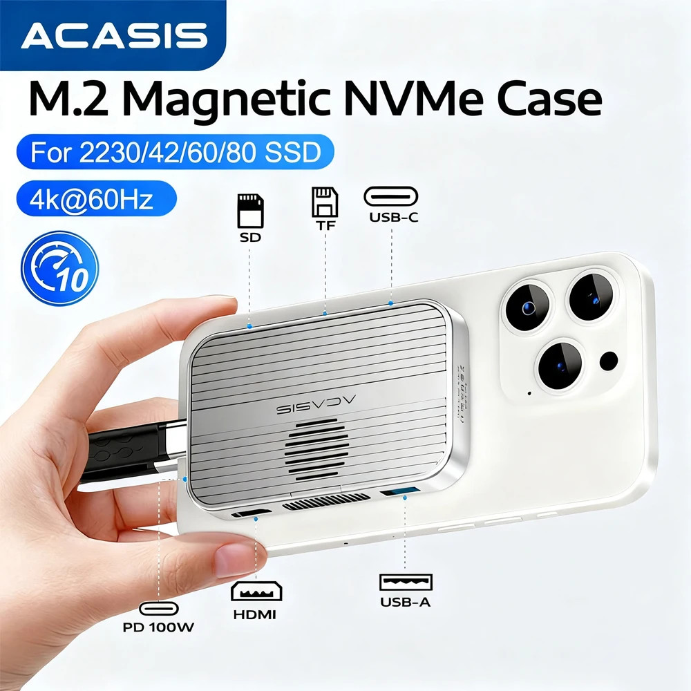 Acasis Magnetic USB C Docking Station M.2 NVMe SSD พร้อมพัดลมระบายความร้อน 4K HDMI 100W PD รองรับ SSD 2230/42/60/80 มม.B + M-Key