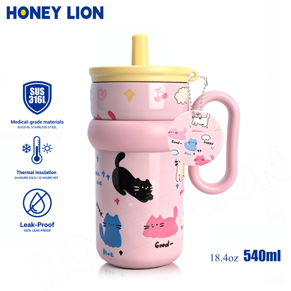 HoneyLion กระติกน้ำเครื่องดูดฝุ่น ลายแมว 540ml เก็บความเย็น 12ชม. - กันรั่ว 360° มี charm แมว 2 วิธีดื่ม ใช้ในรถ ในสำนักงาน