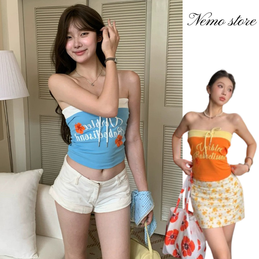 Nemo store🌸#FY3583 เสื้อเกาะอก สีสดใส ลายดอกไม้ เสริมฟองน้ำทรงรัดรูป