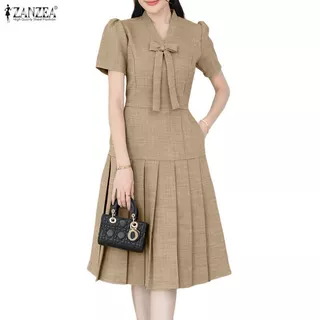 ZANZEA ผู้หญิงสํานักงานเกาหลี Elegant V คอพัฟแขน Bowknot Decor จีบ Hem Dresses