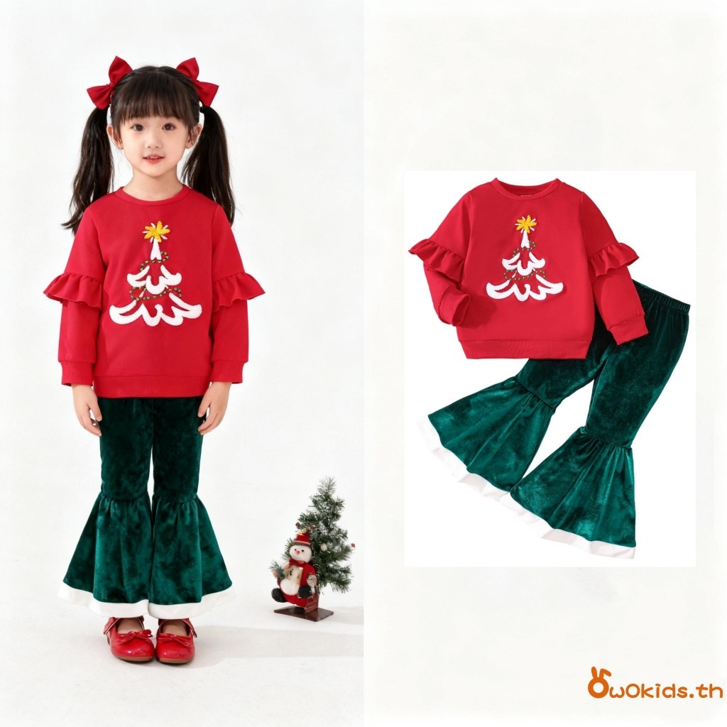 ชุดเด็กหญิงลายต้นไม้ กางเกงและเสื้อกันหนาว สำหรับเทศกาลคริสต์มาส