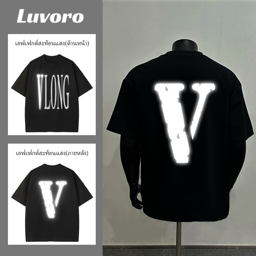 (ผ้าฝ้าย100%) Luvoro 2025 ลายสะท้อนแสงT-shirt ลาย เนื้อผ้านุ่มระบายอากาศดี ยูนิเซ็กซ์แขนสั้น oversize สีดำและสีขาว F010