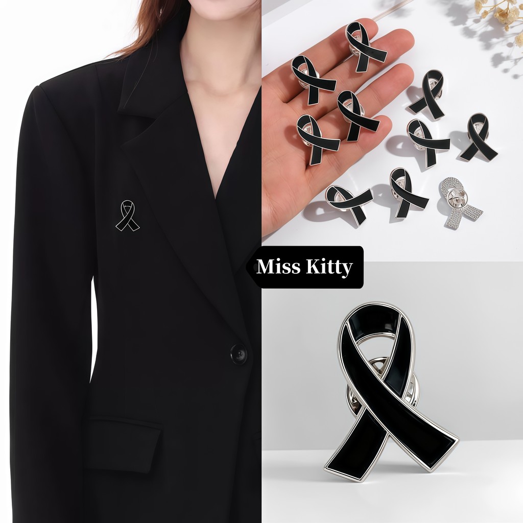 🎀Miss Kitty  เข็มกลัดรูปริบบิ้น เข็มกัดไว้อาลัย ลายริบบิ้นสีดำ สีเงินและสีทอง ไว้อาลัย