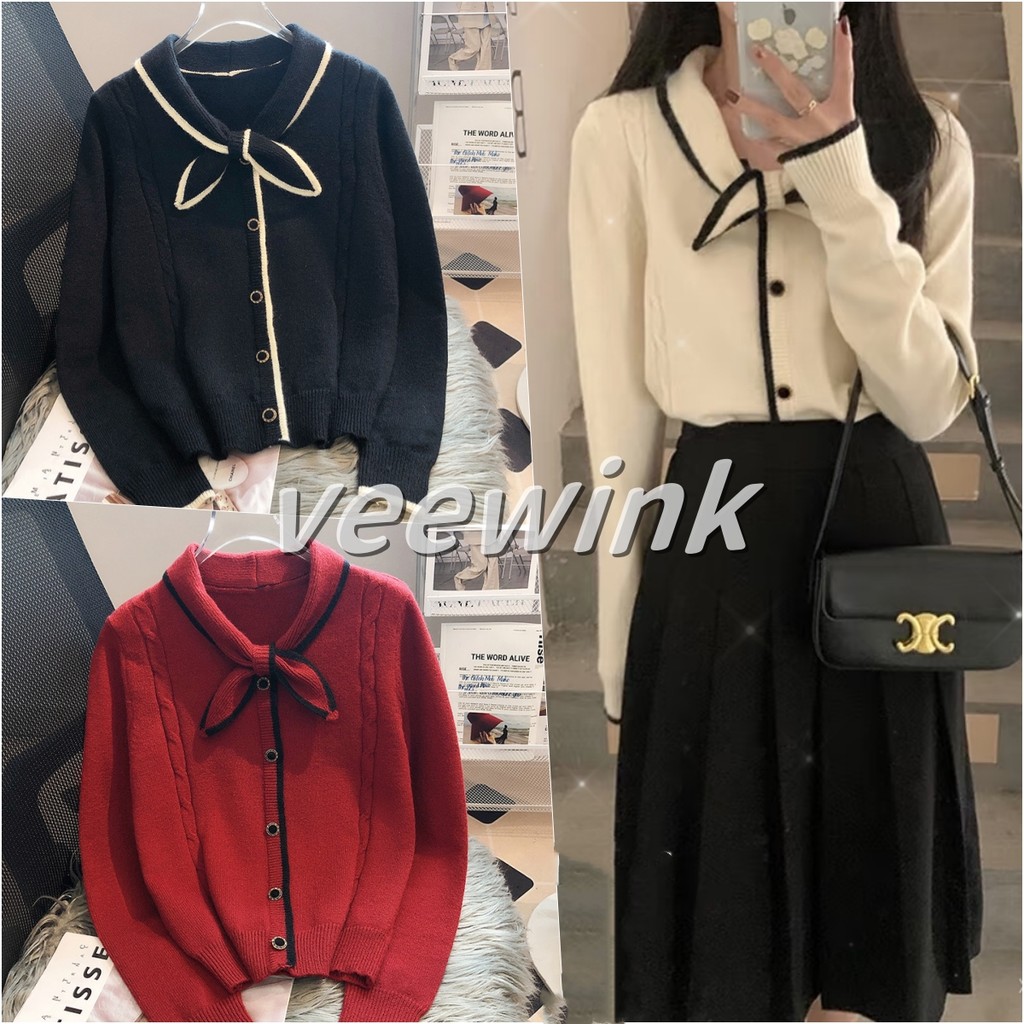 Veewink พร้อมส่งจากกทม เสื้อสเวตเตอร์คริสต์มาส สื้อถักสไตล์เกาหลี Vคอ สีตัดกัน กระชับเอว แขนยาว เนื้อผ้านุ่ม