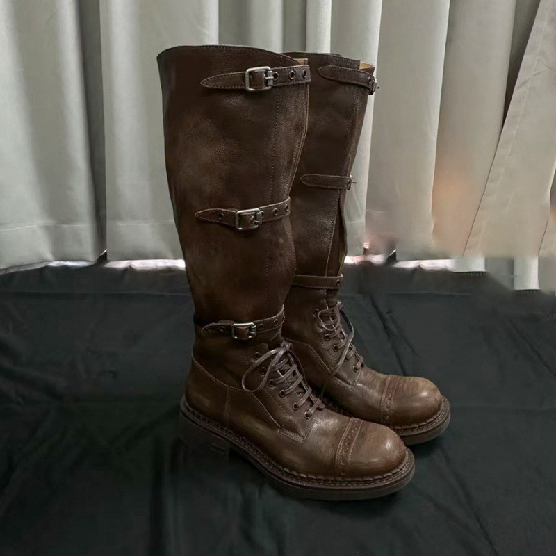 MiuMiu รองเท้าผู้หญิง 2024 ทำมือด้วยหนังวัวแท้ สไตล์ยาว lace-upKnight