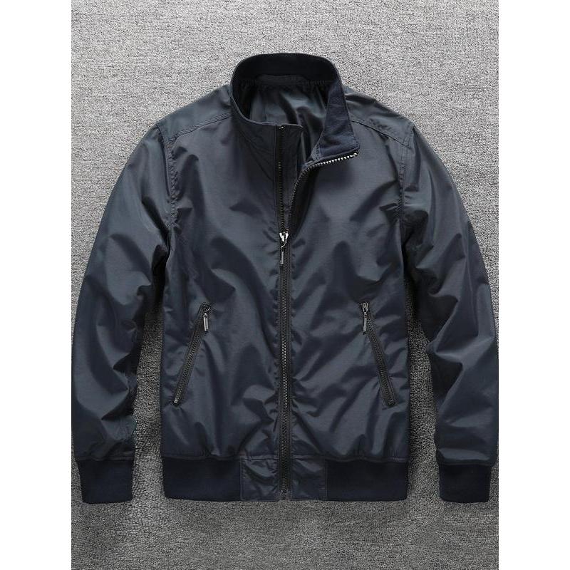 Bomber Jacket Coat ผู้ชายแฟชั่นฤดูใบไม้ผลิและฤดูใบไม้ร่วงสวมใส่บางแนวตั้งคอWindproofสีดําAll Match C