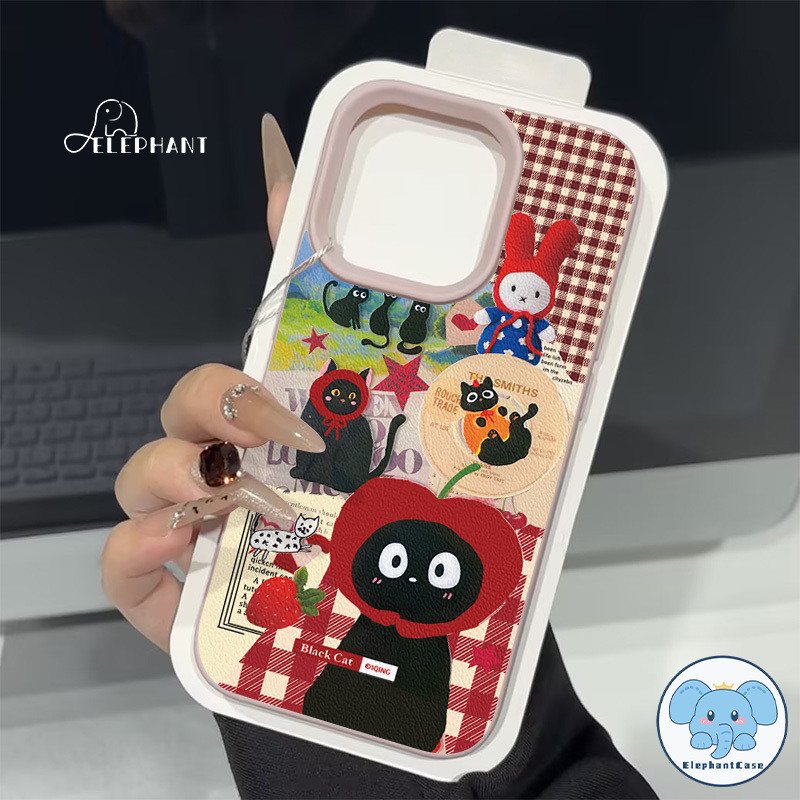 สำหรับ IPhone 17 Air 15 11 16 12 13 14 Pro Max XR X XS Max 7 16 8 Plus เคสหนังTPUนุ่มลายแมวดำลายตารางหมากรุกน่ารักและตลก - รูปที่ 2
