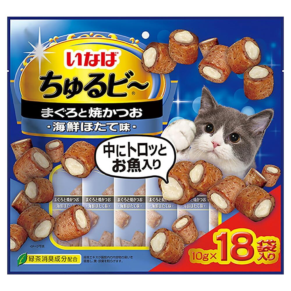 Inaba Cat Treats Churu - Tuna and Grilled Bonito with Seafood Scallop Flavor, 10g (x 20)