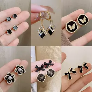 ต่างหูโบว์ไข่มุก เพทายสีดำ สไตล์หรูและซับซ้อน