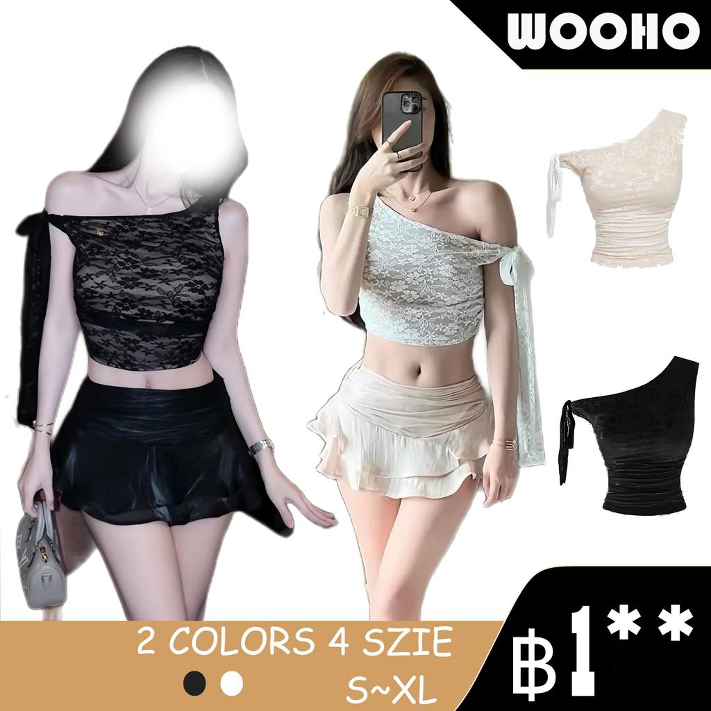 WOOHO.(พร้อมส่ง)เสื้อไหล่เบี่ยงผู้หญิง เสื้อครอปผูกคอเฉียงแขนยาวซีทรูสุดหรู สำหรับใส่เที่ยว คาเฟ่ ปาร์ตี้ น้ำชา วันหยุด