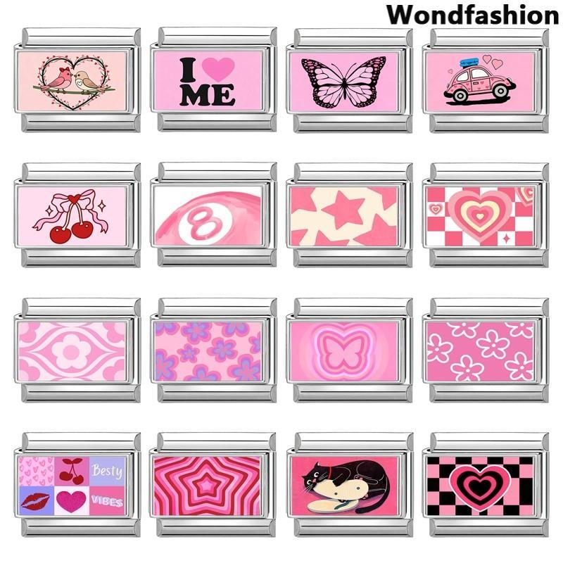 สร้อยข้อมือ charm สีชมพู แบบอิตาเลียนพิมพ์ ขนาด 9 มม., สแตนเลส DIY เครื่องประดับ สไตล์เรโทร