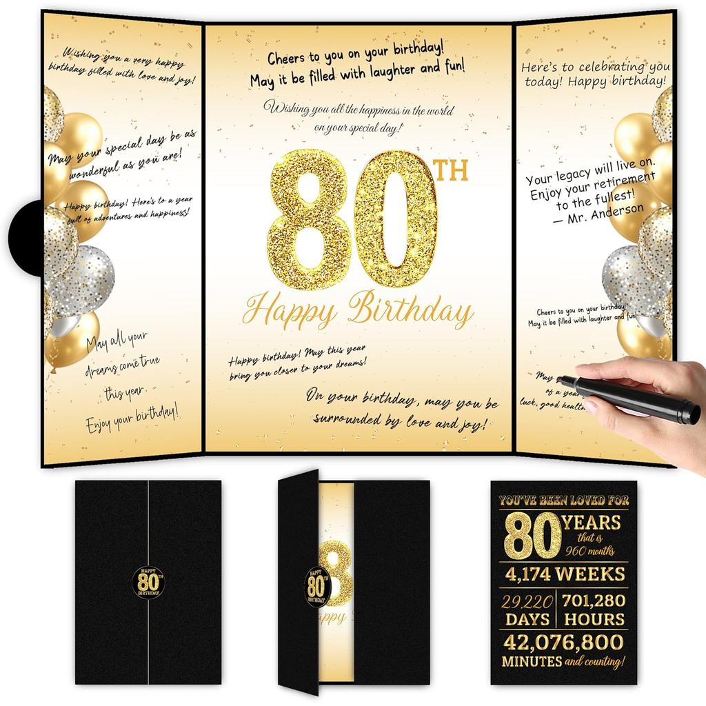 Black Gold 80th Birthday Party ตกแต่ง, Happy 80th Birthday Guest Book สําหรับผู้ชายผู้หญิง 80th Birt