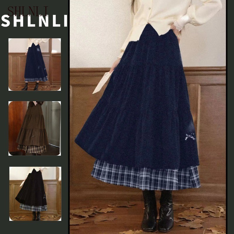 ชุดเดรสยาวสไตล์ A-line ลายสก๊อต ทำจากCORDUROY พร้อมเอวสูงโบว์ สไตล์ฤดูหนาวสำหรับผู้หญิง