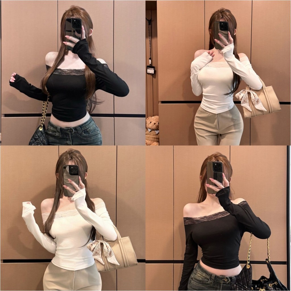🍄Vivain🍄เสื้อยืด เข้ารูป สีพื้น แต่งลูกไม้ เสื้อแขนยาวเปิดไหล่ สไตล์เกาหล ผ้านิ่ม ใส่สบาย พร้อมส่ง